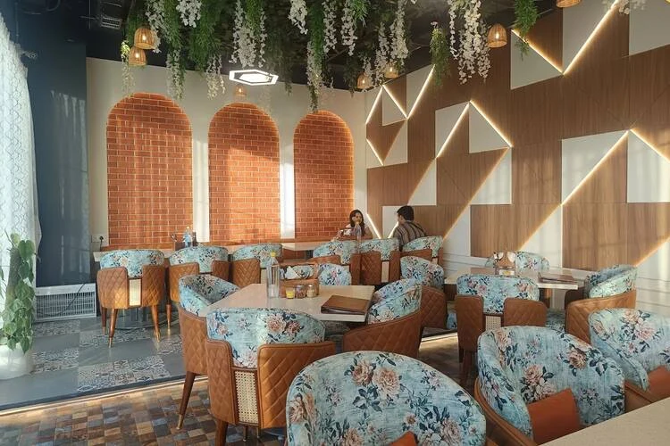 A daylight view of comfortable seating in the restaurant